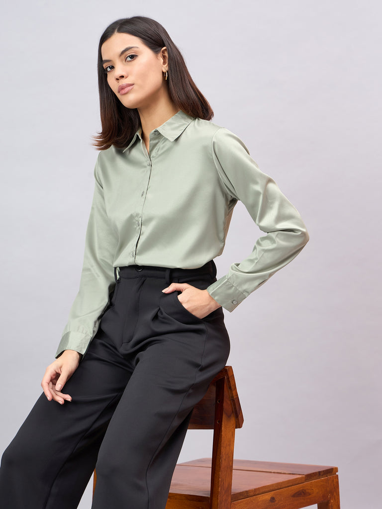 Style Quotient Women Sage Green Satin Regular Formal Shirt-Shirts-StyleQuotient