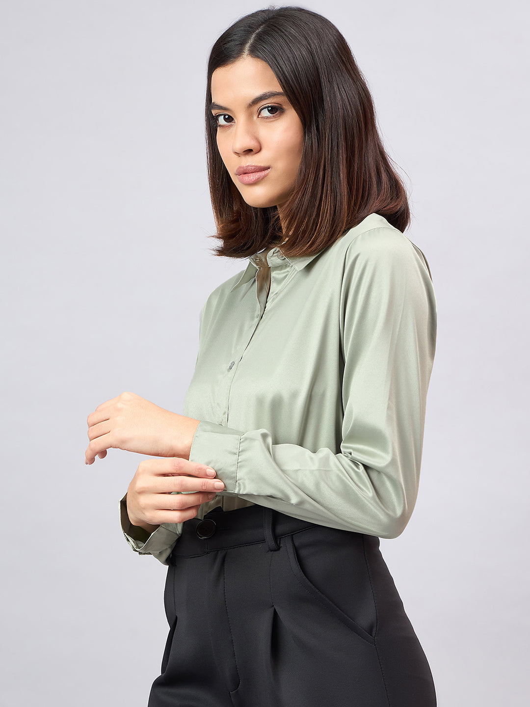 Style Quotient Women Sage Green Satin Regular Formal Shirt-Shirts-StyleQuotient