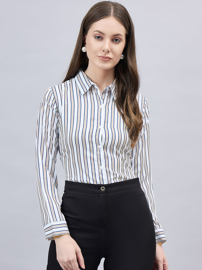 Style Quotient Women Beige and Navy Stripe Printed Regular Fit Polyester Formal Shirt-Shirts-StyleQuotient