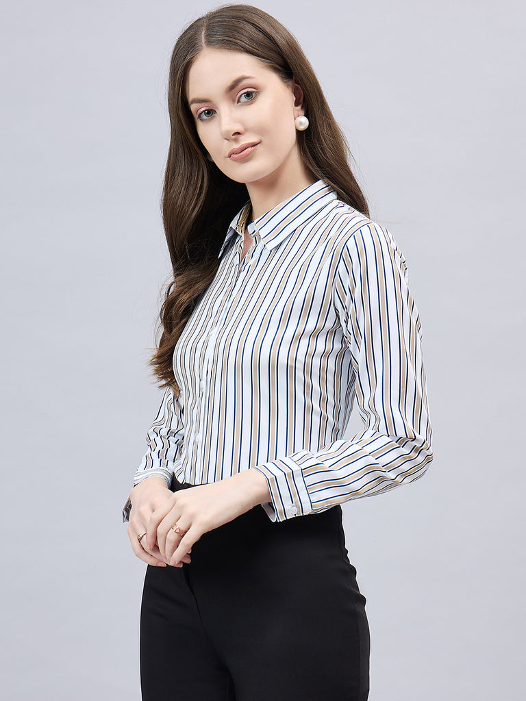 Style Quotient Women Beige and Navy Stripe Printed Regular Fit Polyester Formal Shirt-Shirts-StyleQuotient