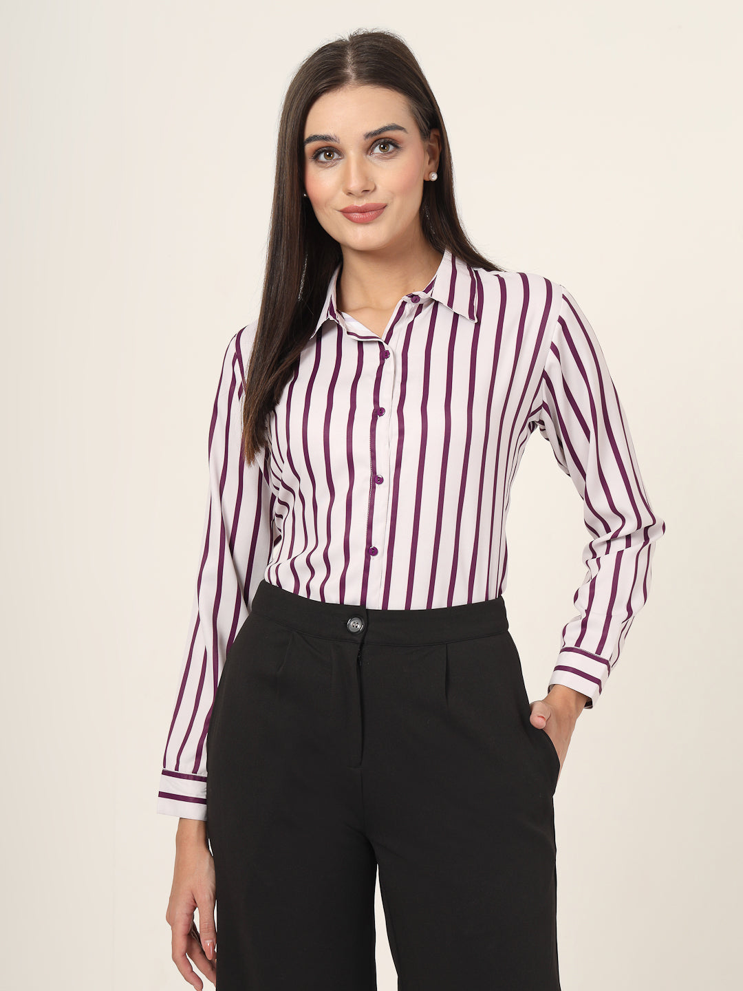 Style Quotient Women Magenta And Off White Stripe Printed Polyester Regular Fit Formal Shirt-Shirts-StyleQuotient