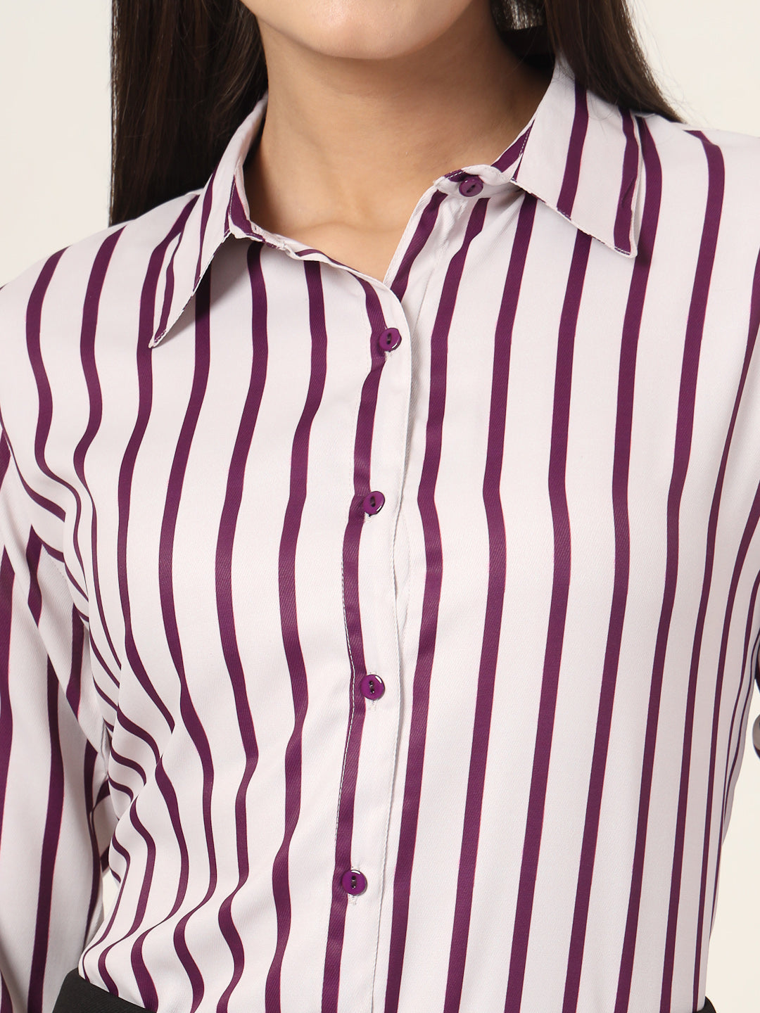 Style Quotient Women Magenta And Off White Stripe Printed Polyester Regular Fit Formal Shirt-Shirts-StyleQuotient