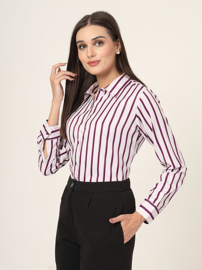 Style Quotient Women Magenta And Off White Stripe Printed Polyester Regular Fit Formal Shirt-Shirts-StyleQuotient