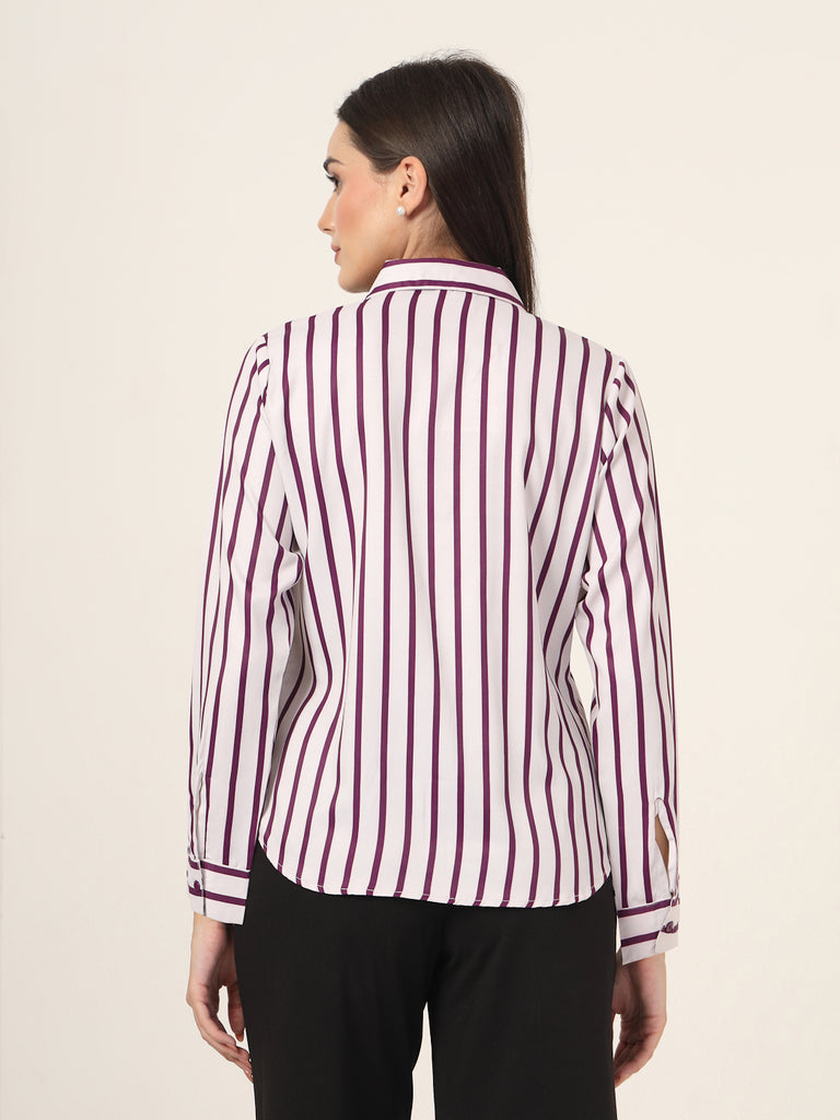 Style Quotient Women Magenta And Off White Stripe Printed Polyester Regular Fit Formal Shirt-Shirts-StyleQuotient