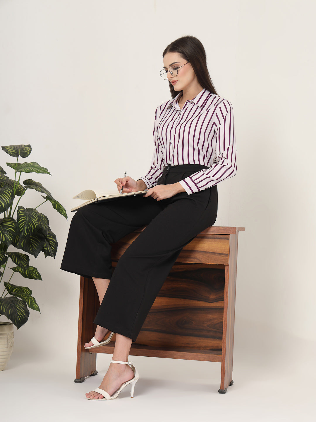 Style Quotient Women Magenta And Off White Stripe Printed Polyester Regular Fit Formal Shirt-Shirts-StyleQuotient