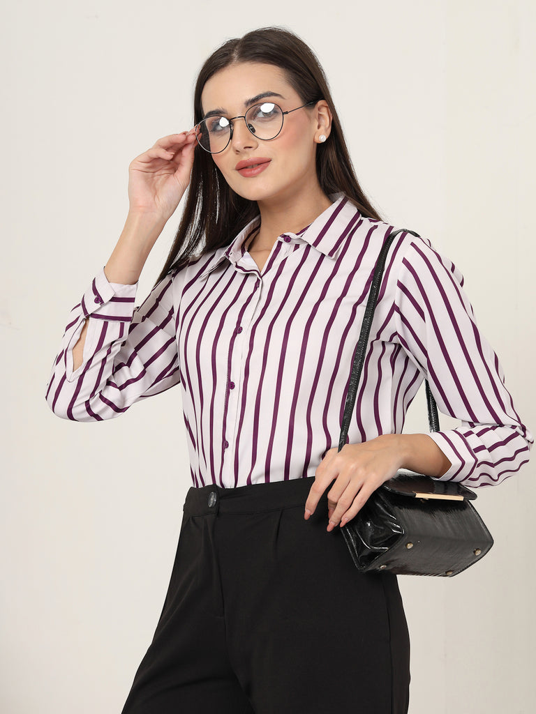 Style Quotient Women Magenta And Off White Stripe Printed Polyester Regular Fit Formal Shirt-Shirts-StyleQuotient