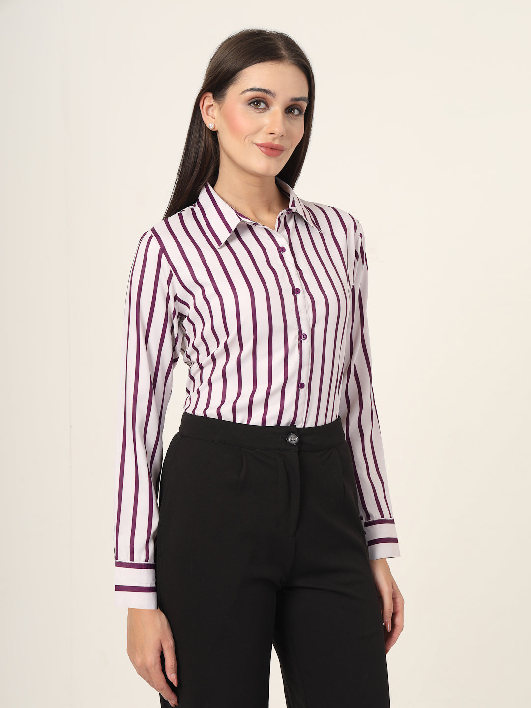 Style Quotient Women Magenta And Off White Stripe Printed Polyester Regular Fit Formal Shirt-Shirts-StyleQuotient