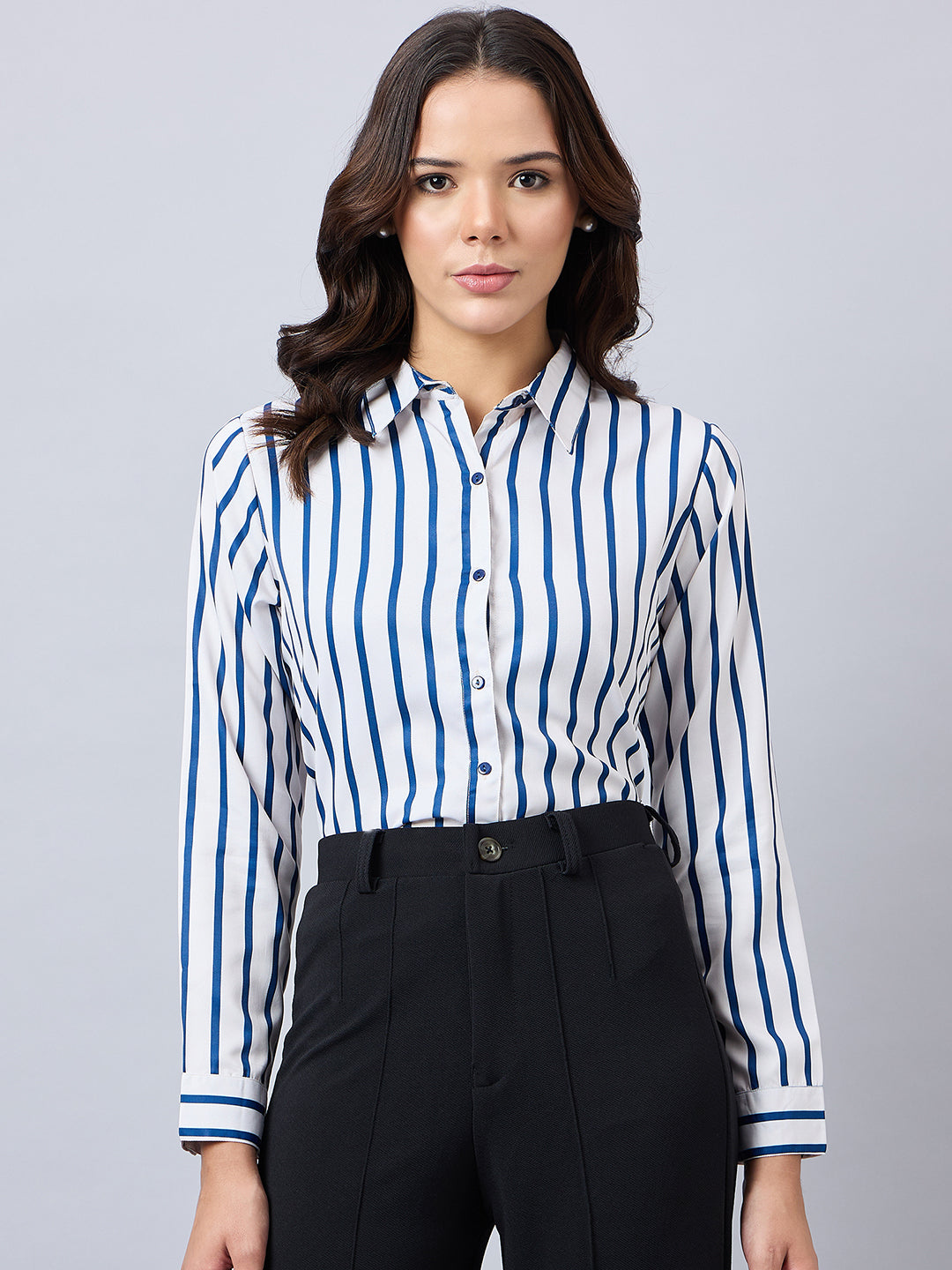 Style Quotient Women Navy And Off White Stripe Printed Polyester Regular Fit Formal Shirt-Shirts-StyleQuotient