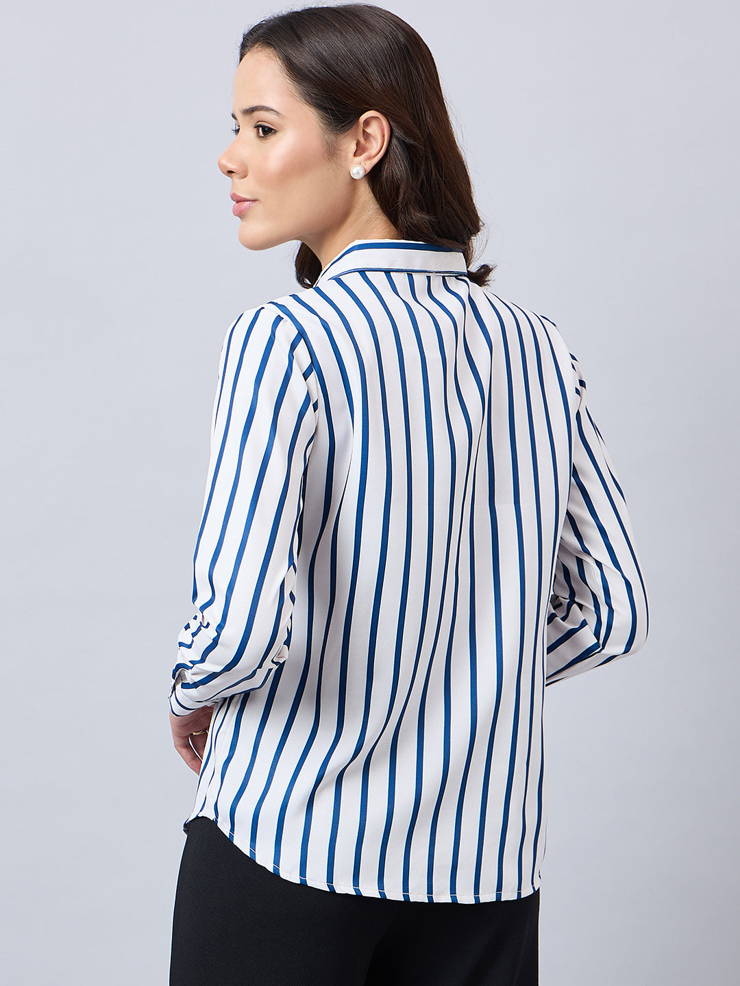 Style Quotient Women Navy And Off White Stripe Printed Polyester Regular Fit Formal Shirt-Shirts-StyleQuotient