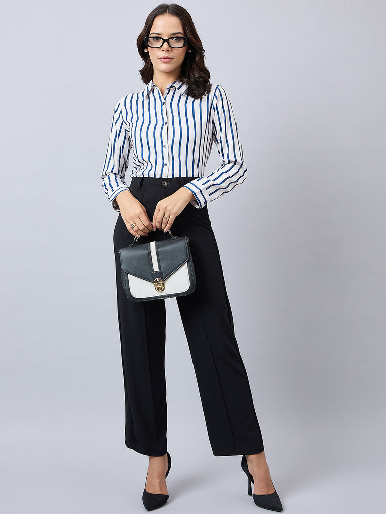 Style Quotient Women Navy And Off White Stripe Printed Polyester Regular Fit Formal Shirt-Shirts-StyleQuotient