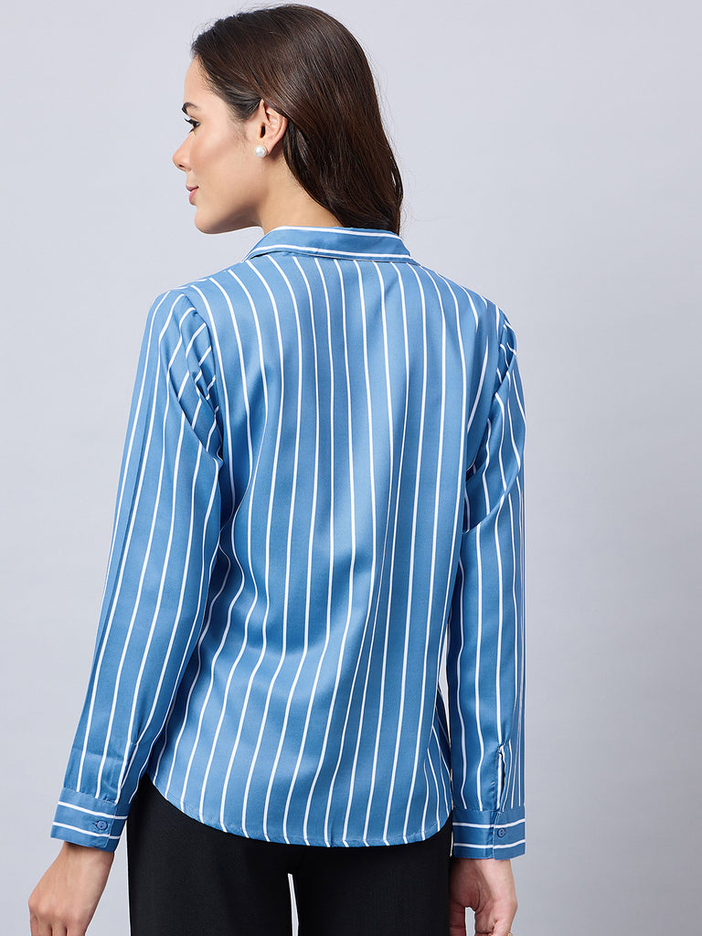 Style Quotient Women Slate Blue And White Stripe Printed Polyester Regular Fit Formal Shirt-Shirts-StyleQuotient