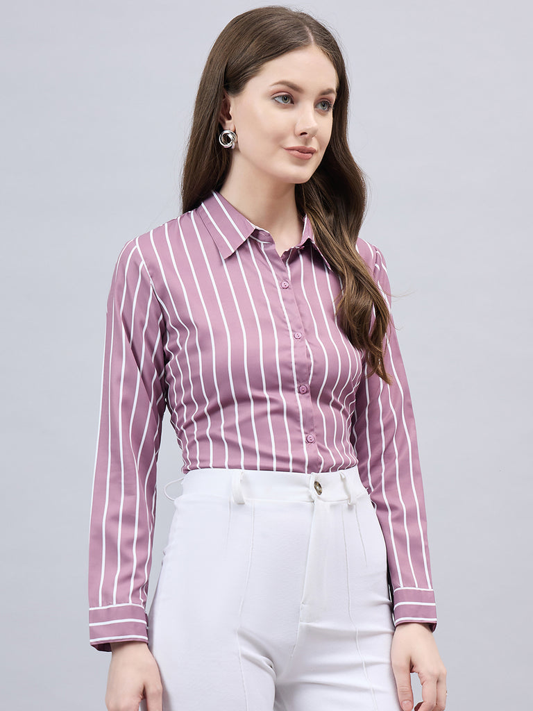 Style Quotient Women Mauve And White Stripe Printed Polyester Regular Fit Formal Shirt-Shirts-StyleQuotient