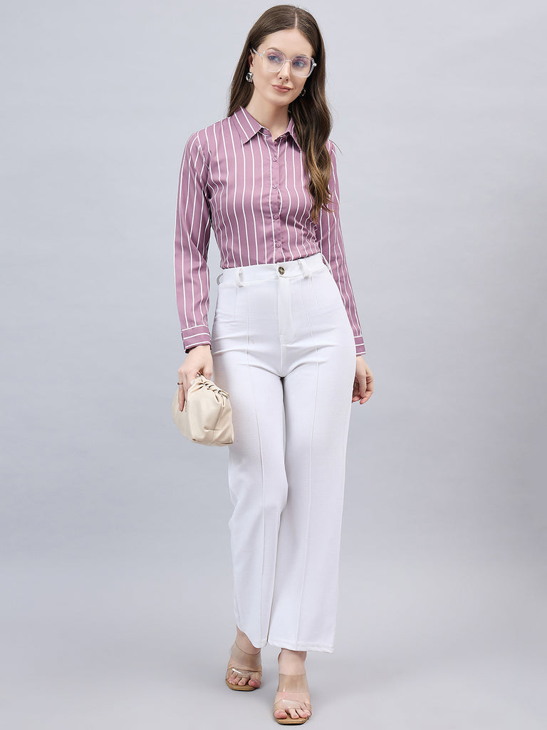 Style Quotient Women Mauve And White Stripe Printed Polyester Regular Fit Formal Shirt-Shirts-StyleQuotient