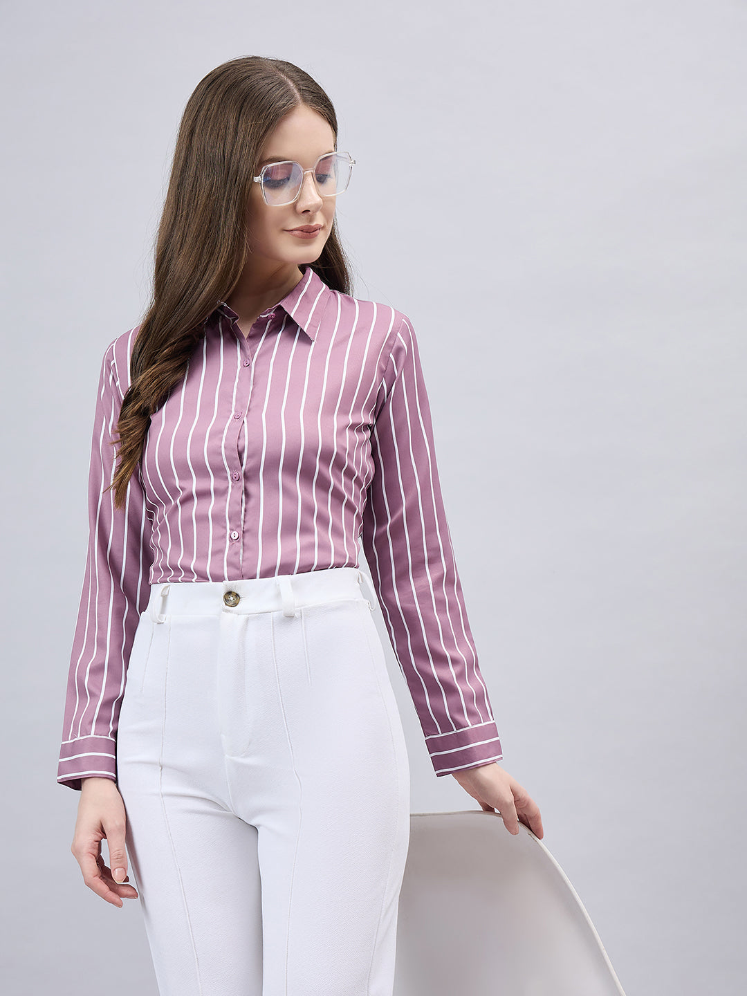 Style Quotient Women Mauve And White Stripe Printed Polyester Regular Fit Formal Shirt-Shirts-StyleQuotient