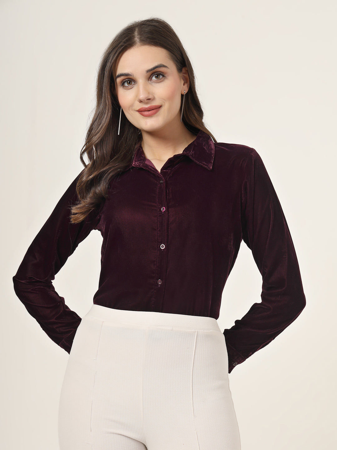 Style Quotient Women Wine Velvet Regular Fit Formal Shirt-Shirts-StyleQuotient