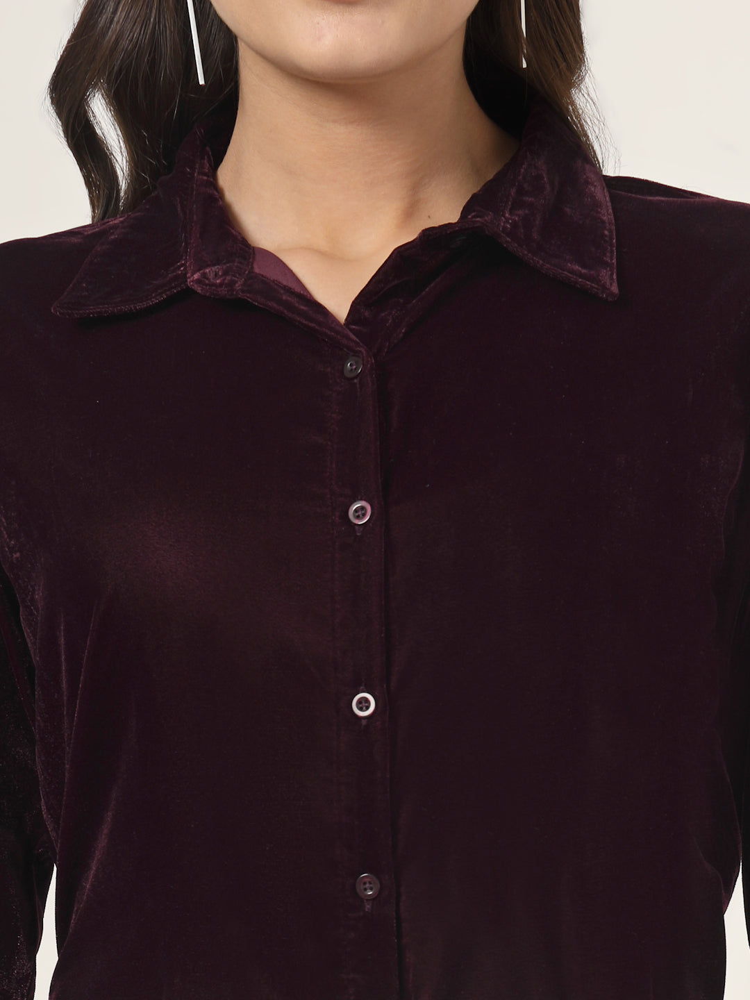 Style Quotient Women Wine Velvet Regular Fit Formal Shirt-Shirts-StyleQuotient