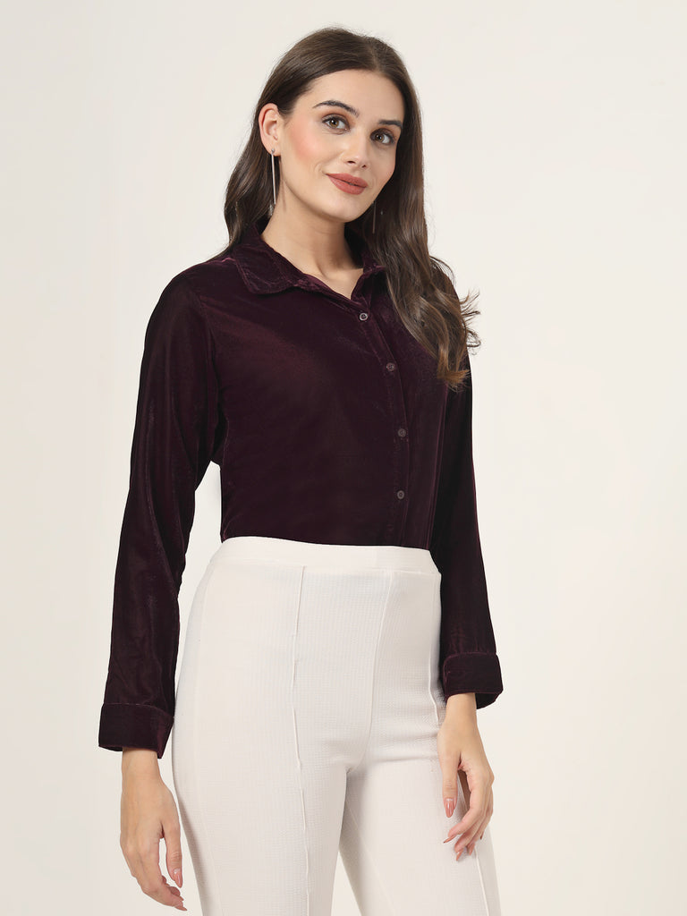 Style Quotient Women Wine Velvet Regular Fit Formal Shirt-Shirts-StyleQuotient