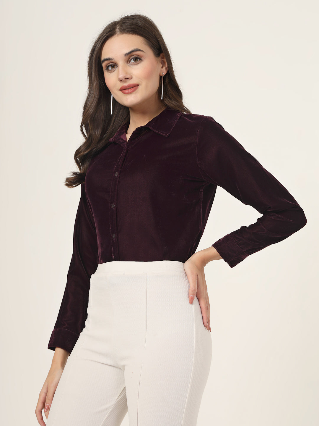 Style Quotient Women Wine Velvet Regular Fit Formal Shirt-Shirts-StyleQuotient