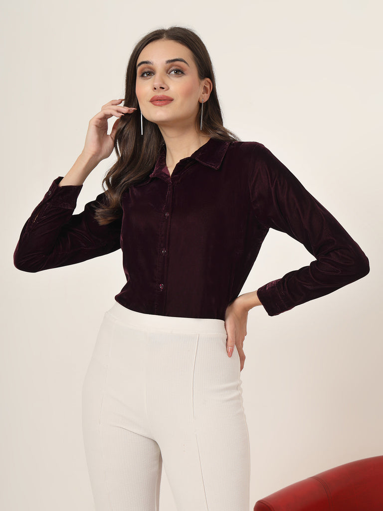 Style Quotient Women Wine Velvet Regular Fit Formal Shirt-Shirts-StyleQuotient