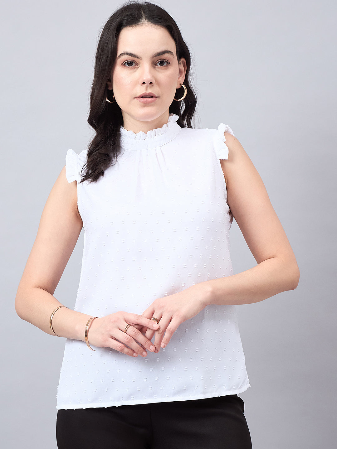 Style Quotient Women Self Design White Swiss Dot Regular Fit Formal Top-Tops-StyleQuotient