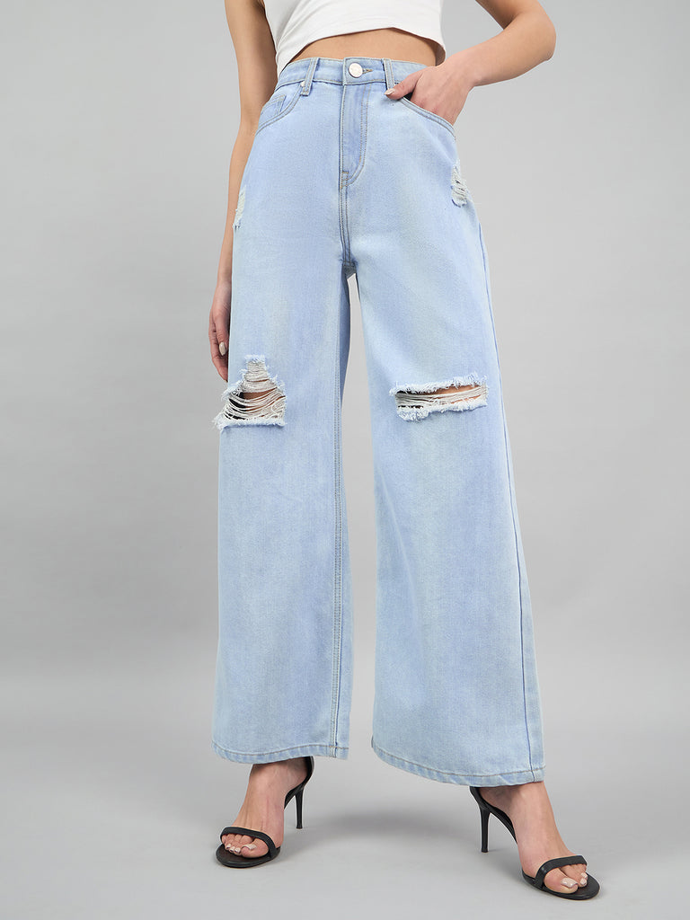 Style Quotient Women Light Blue Wide Leg High Rise Jeans-Jeans-StyleQuotient