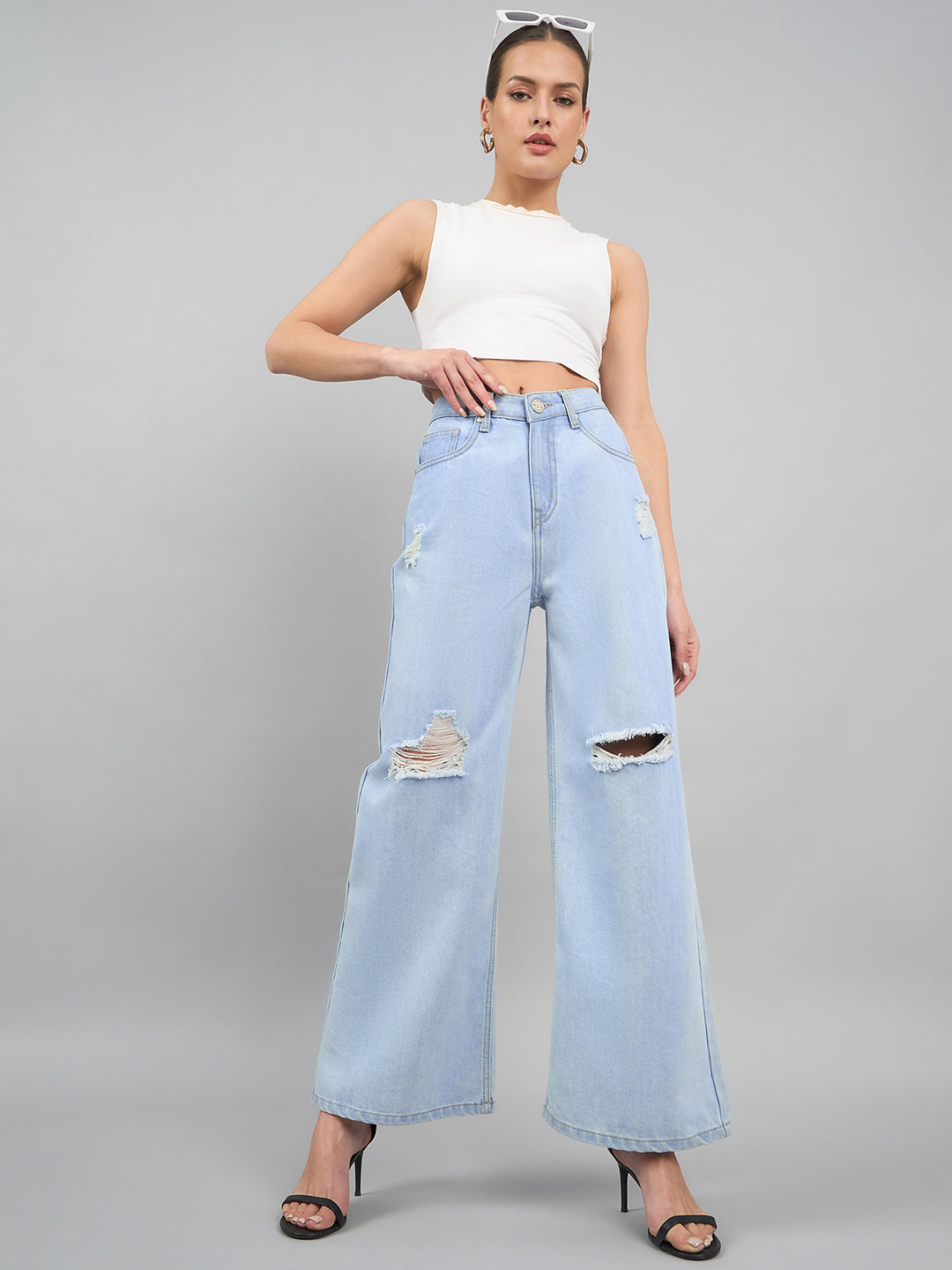 Style Quotient Women Light Blue Wide Leg High Rise Jeans-Jeans-StyleQuotient