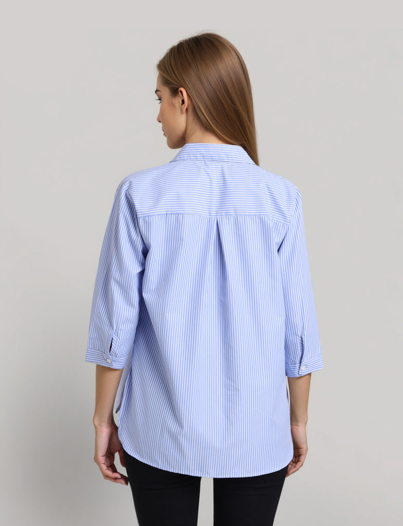 Style Quotient Womens Blue White Stripe Boxy Shirt-Shirts-StyleQuotient