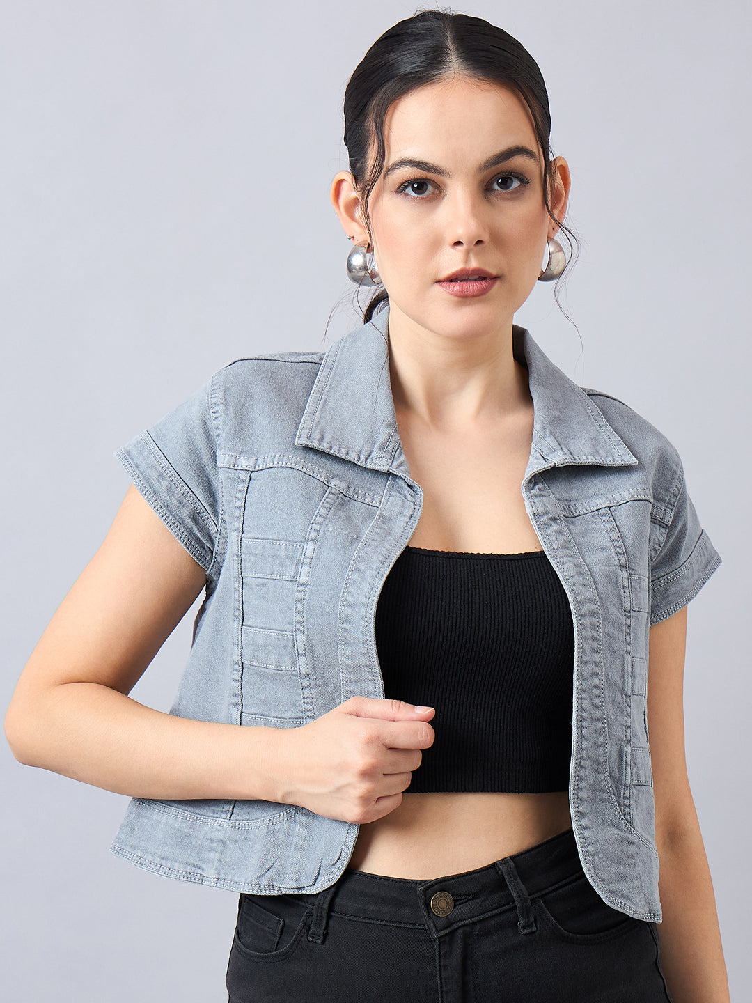 Style Quotient Women Grey Open Front Denim Shrug-Shrug-StyleQuotient