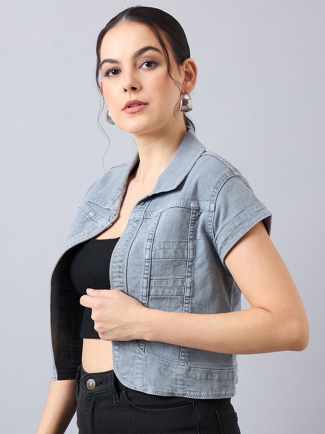 Style Quotient Women Grey Open Front Denim Shrug-Shrug-StyleQuotient