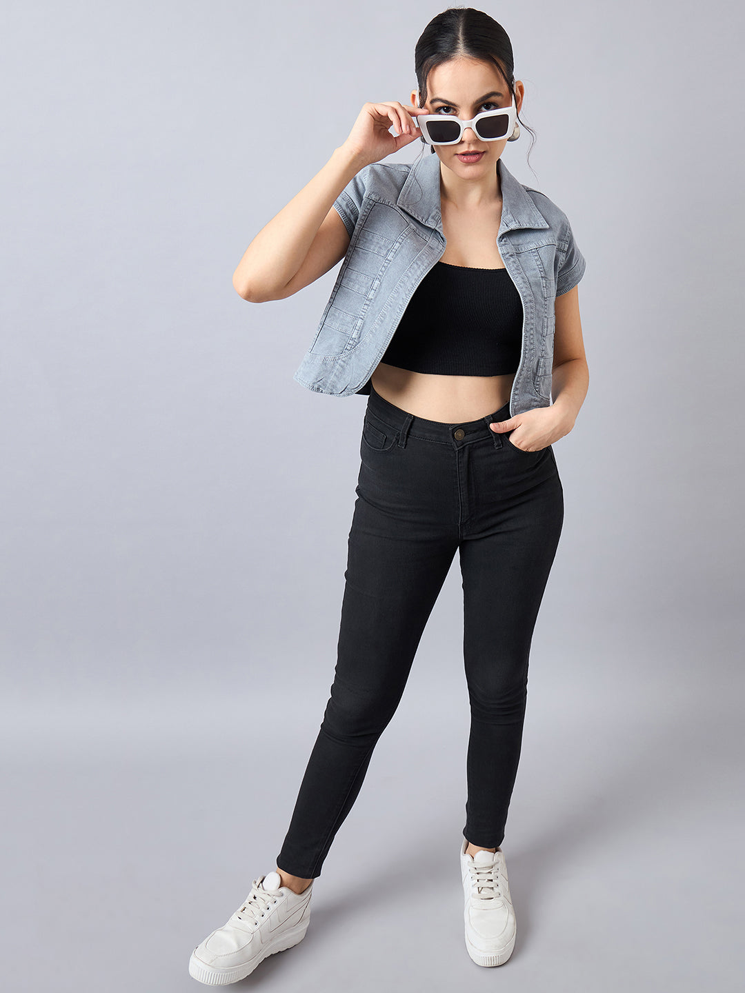 Style Quotient Women Grey Open Front Denim Shrug-Shrug-StyleQuotient