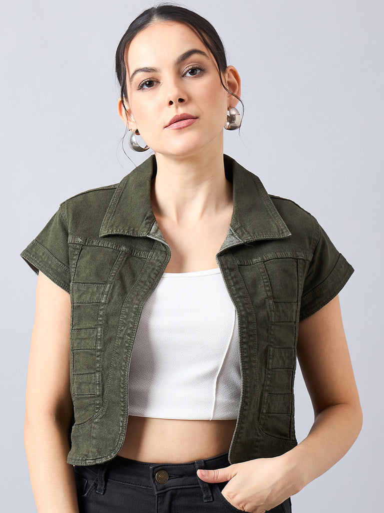 Style Quotient Women Olive Open Front Denim Shrug-Shrug-StyleQuotient