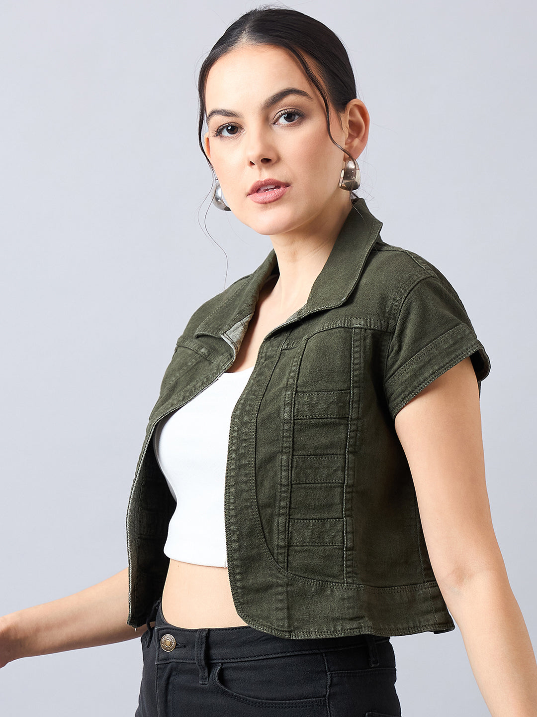 Style Quotient Women Olive Open Front Denim Shrug-Shrug-StyleQuotient