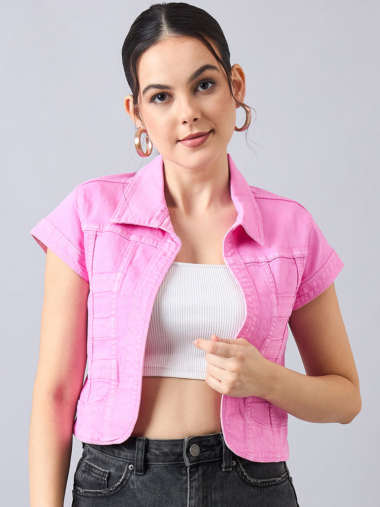 Style Quotient Women Pink Open Front Denim Shrug-Shrug-StyleQuotient