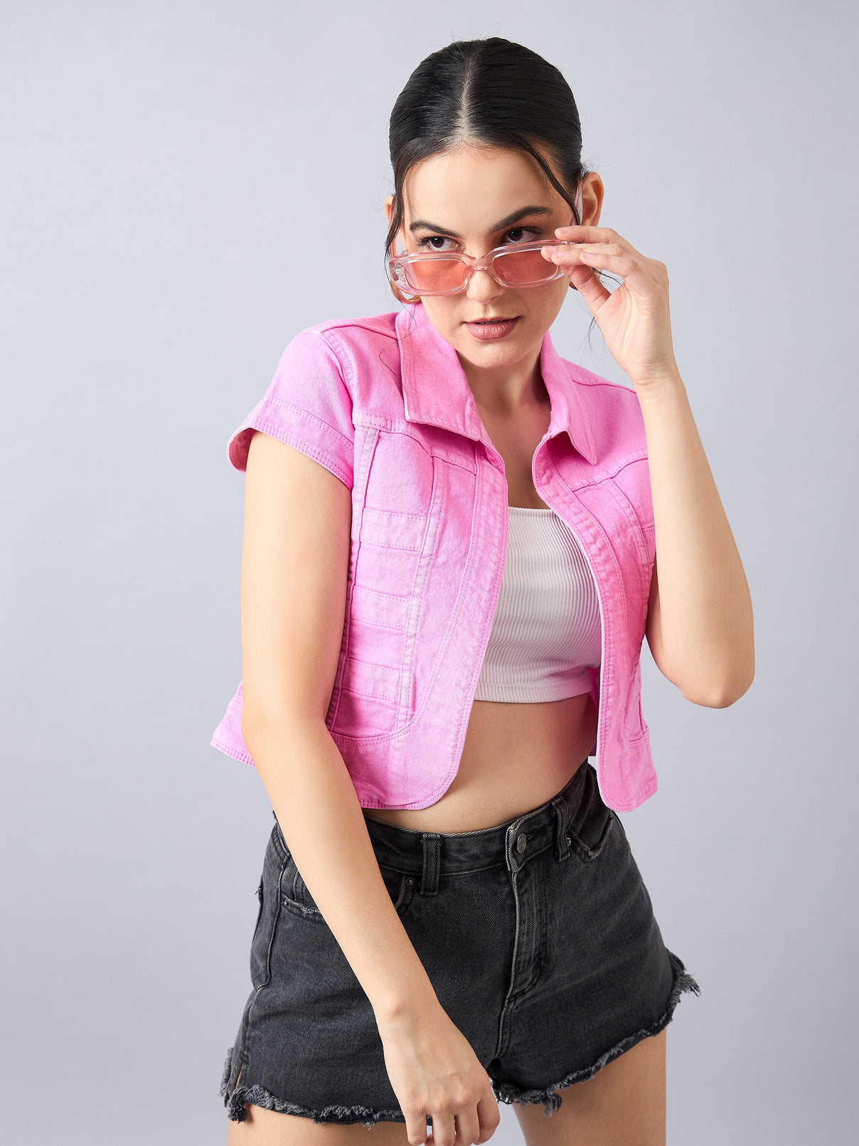 Style Quotient Women Pink Open Front Denim Shrug-Shrug-StyleQuotient