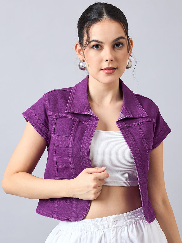 Style Quotient Women Purple Open Front Denim Shrug-Shrug-StyleQuotient