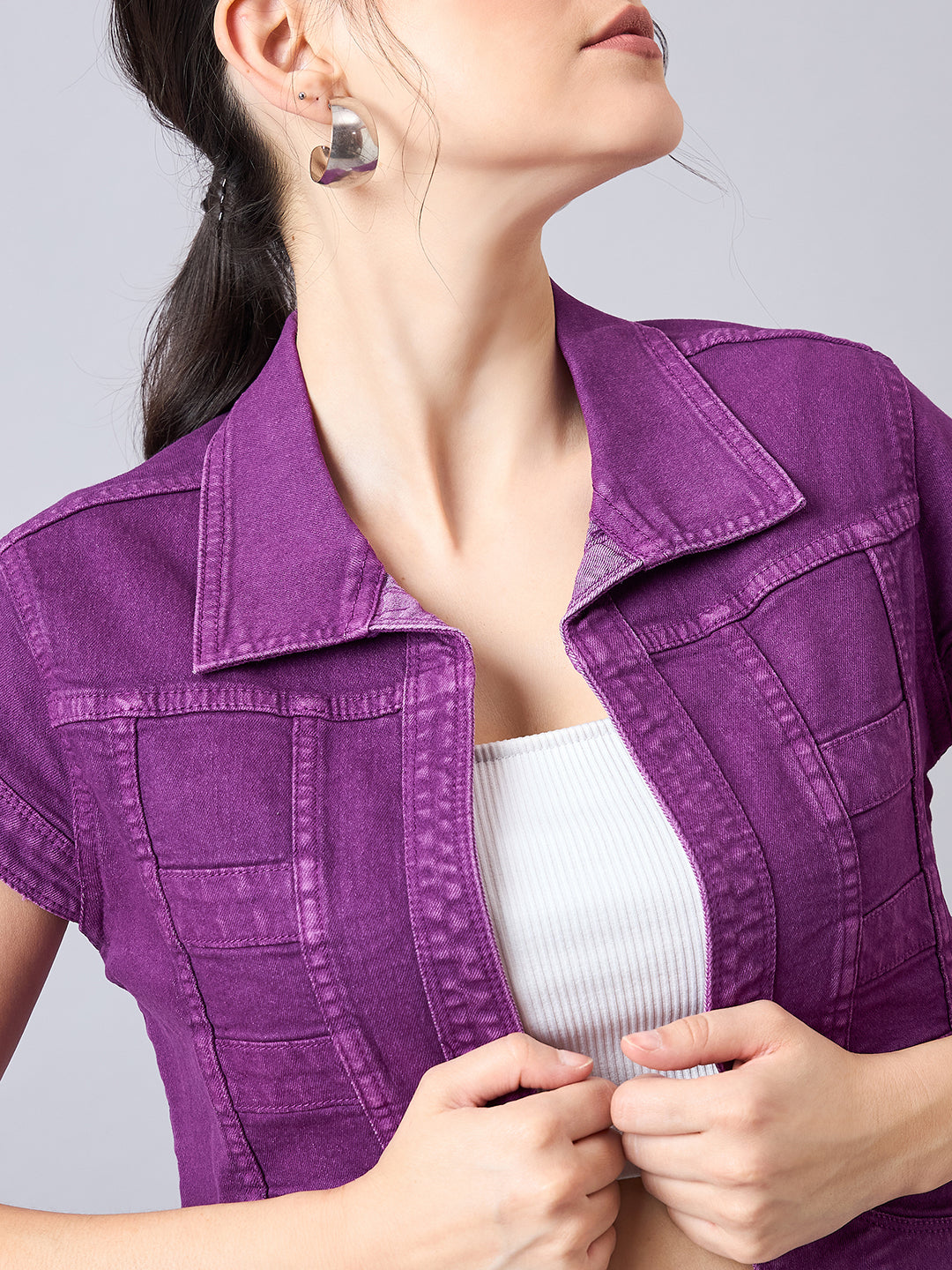 Style Quotient Women Purple Open Front Denim Shrug-Shrug-StyleQuotient