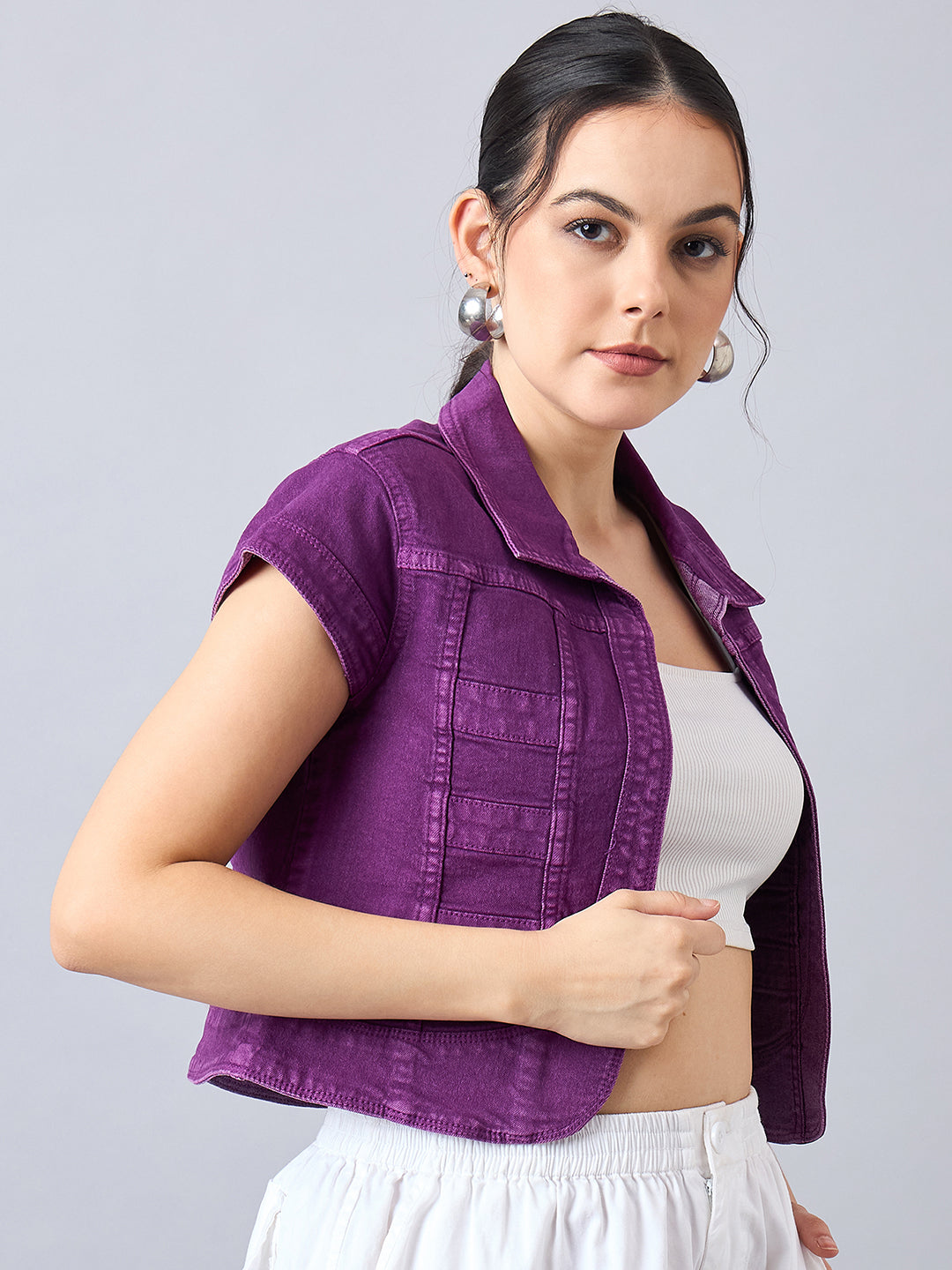 Style Quotient Women Purple Open Front Denim Shrug-Shrug-StyleQuotient