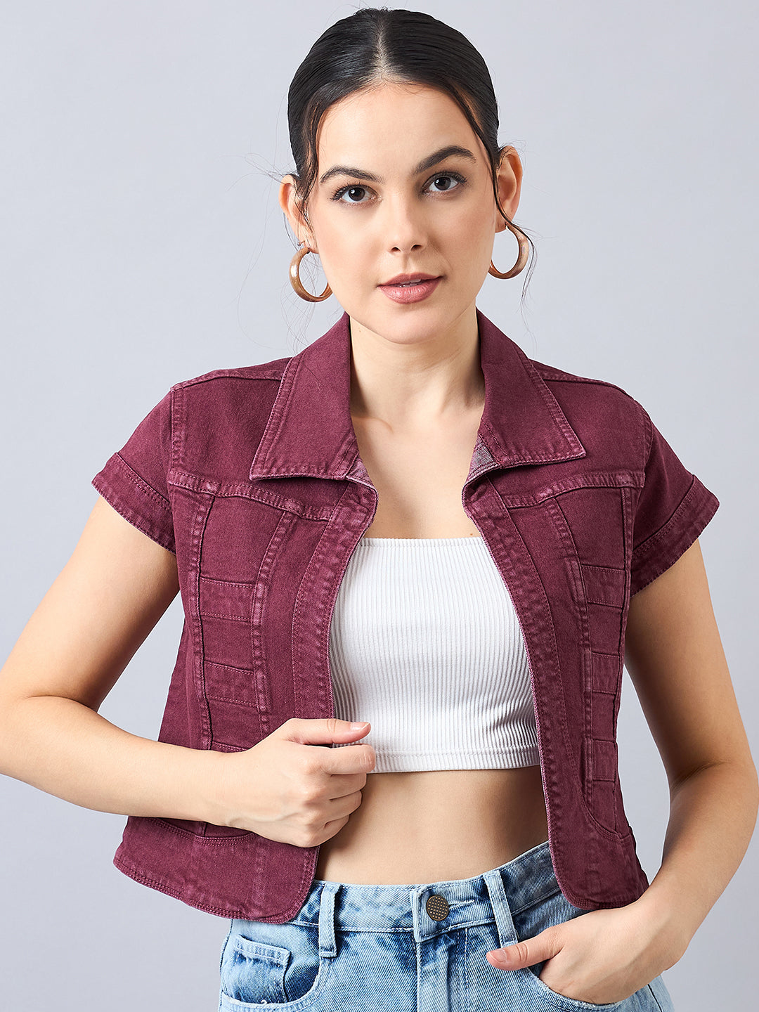 Style Quotient Women Wine Open Front Denim Shrug-Shrug-StyleQuotient