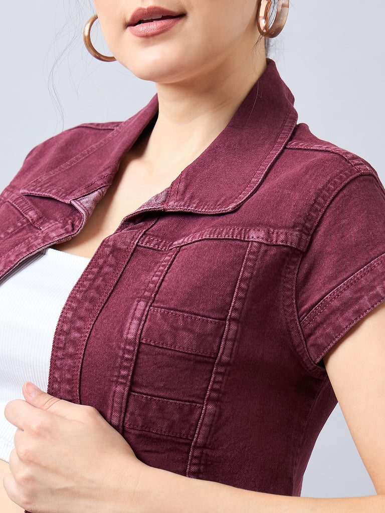 Style Quotient Women Wine Open Front Denim Shrug-Shrug-StyleQuotient