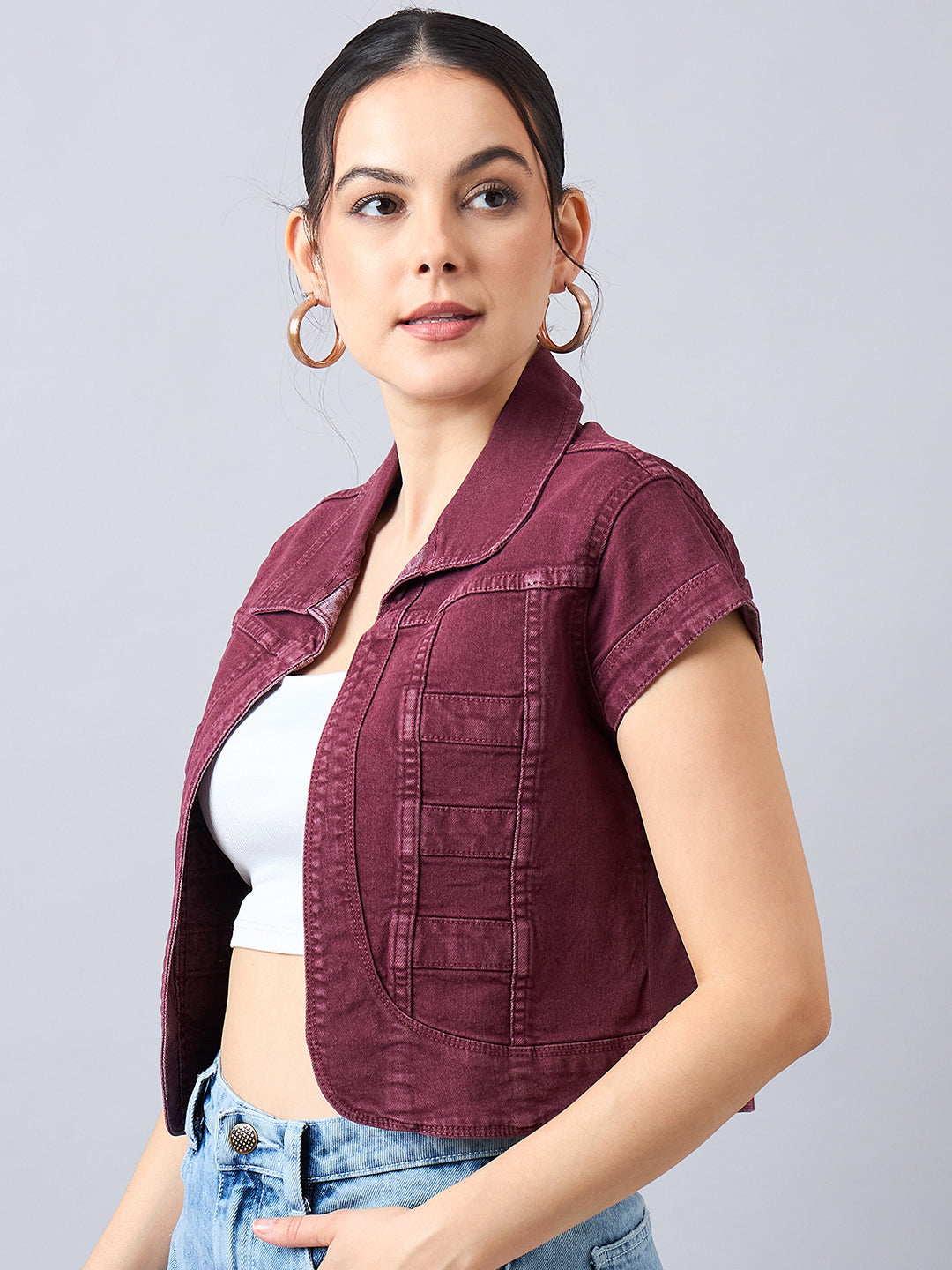 Style Quotient Women Wine Open Front Denim Shrug-Shrug-StyleQuotient