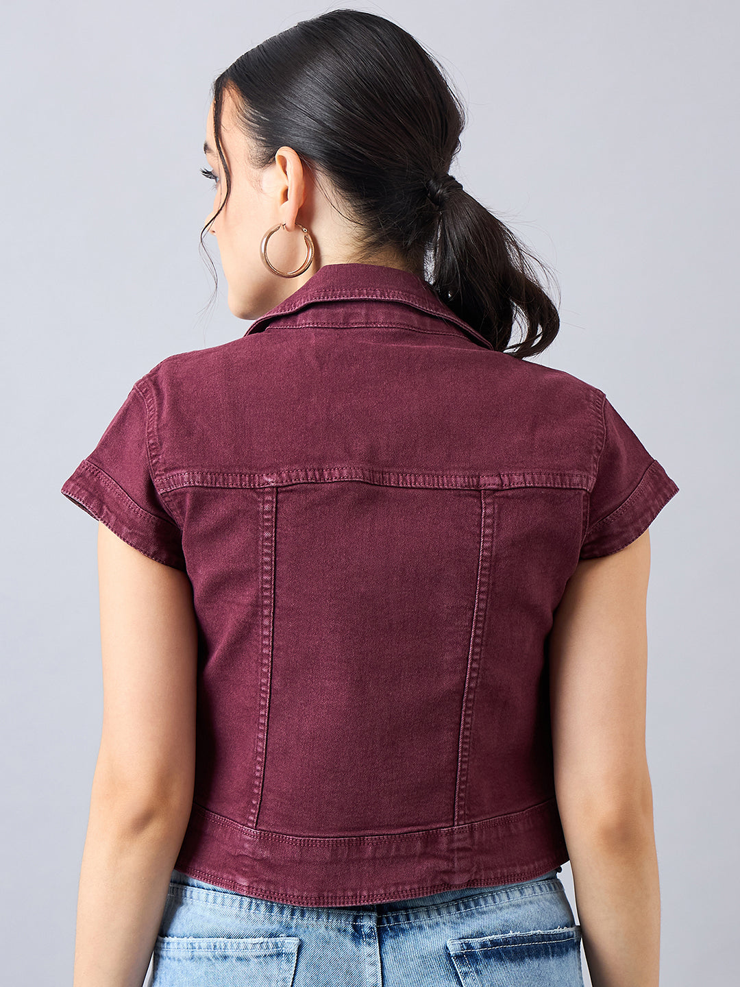 Style Quotient Women Wine Open Front Denim Shrug-Shrug-StyleQuotient