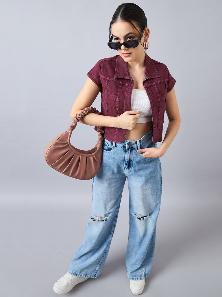 Style Quotient Women Wine Open Front Denim Shrug-Shrug-StyleQuotient