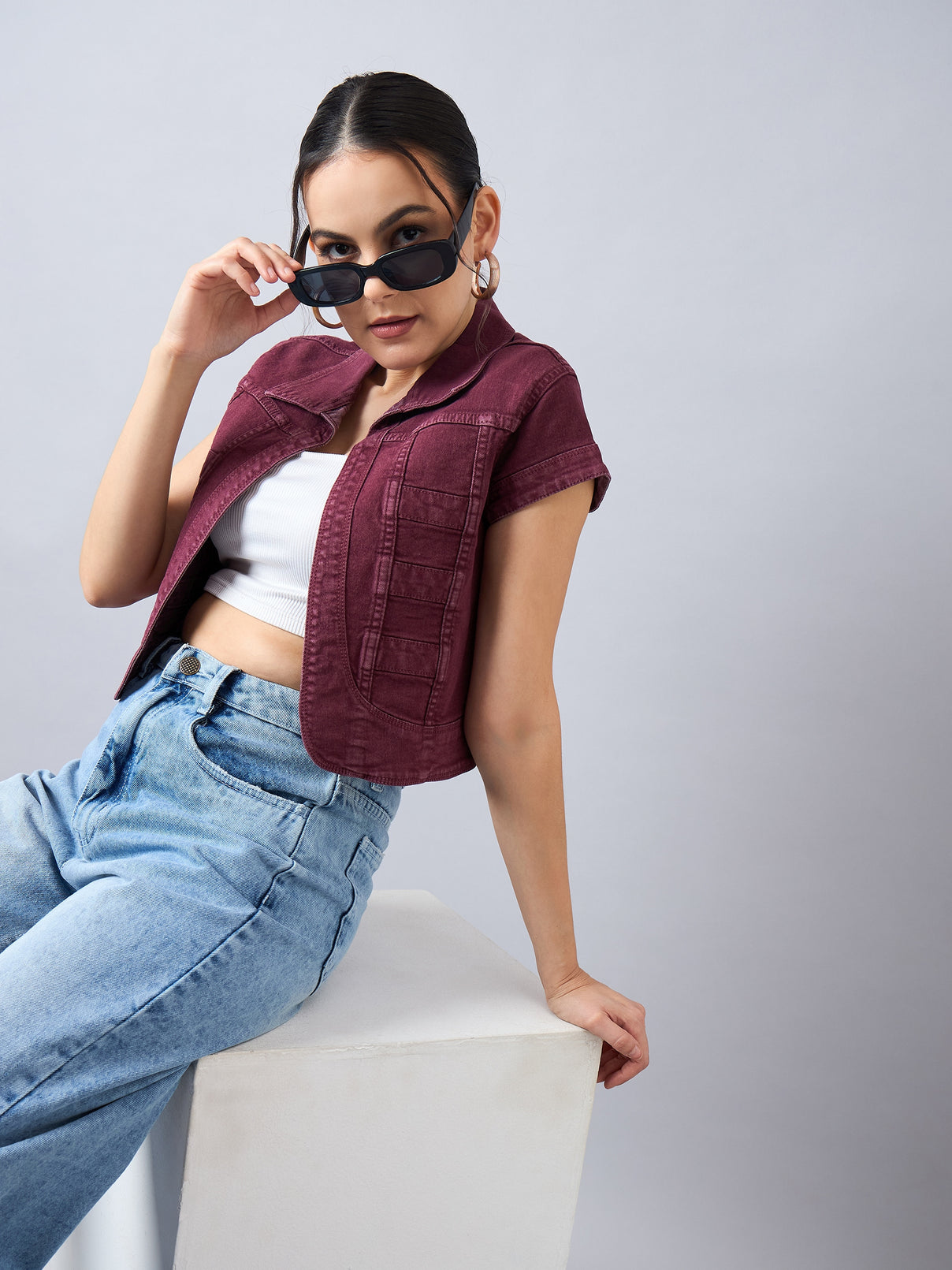 Style Quotient Women Wine Open Front Denim Shrug-Shrug-StyleQuotient