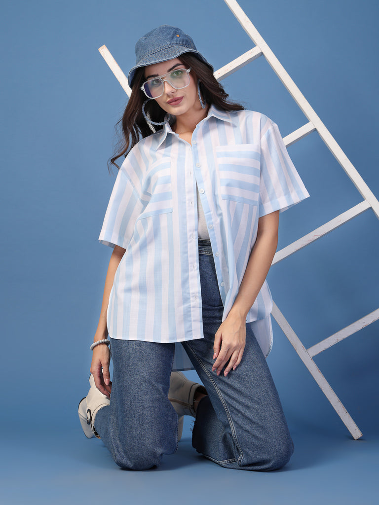 Style Quotient Women Blue and white Stripe Oversized Shirt-Shirts-StyleQuotient