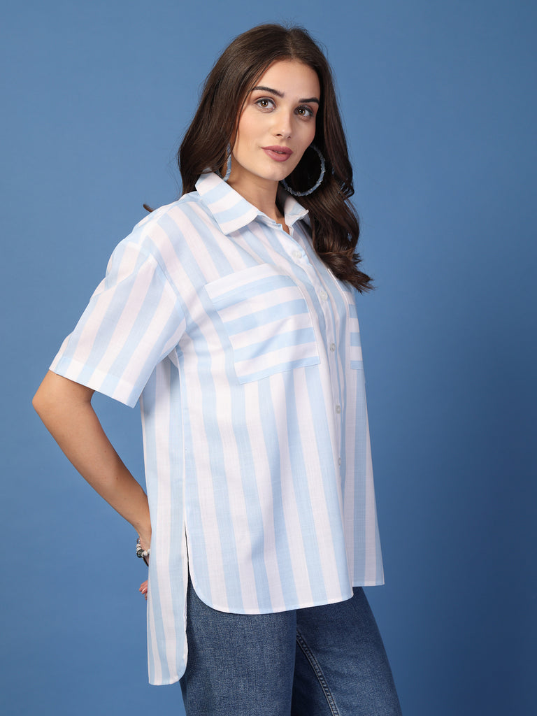 Style Quotient Women Blue and white Stripe Oversized Shirt-Shirts-StyleQuotient