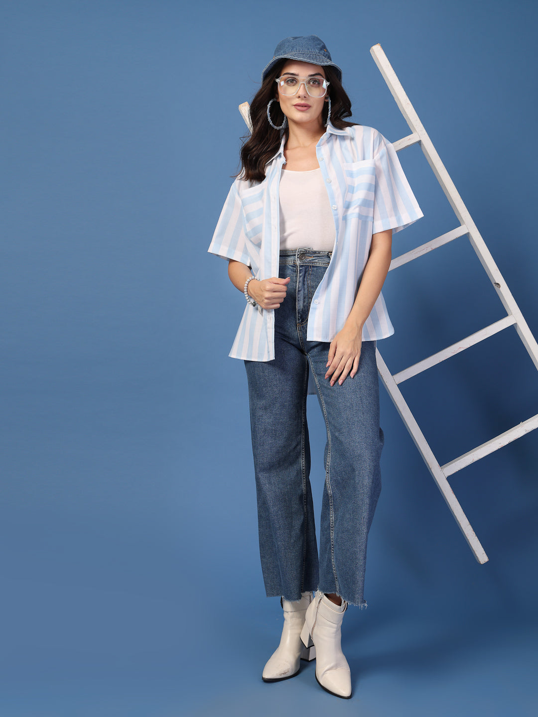 Style Quotient Women Blue and white Stripe Oversized Shirt-Shirts-StyleQuotient