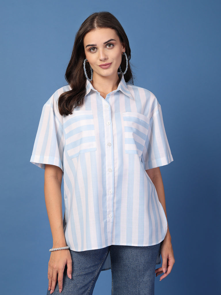 Style Quotient Women Blue and white Stripe Oversized Shirt-Shirts-StyleQuotient