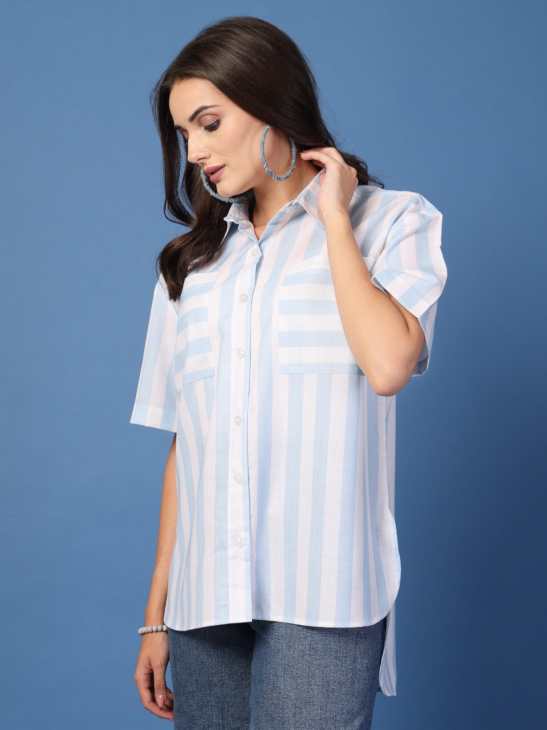 Style Quotient Women Blue and white Stripe Oversized Shirt-Shirts-StyleQuotient