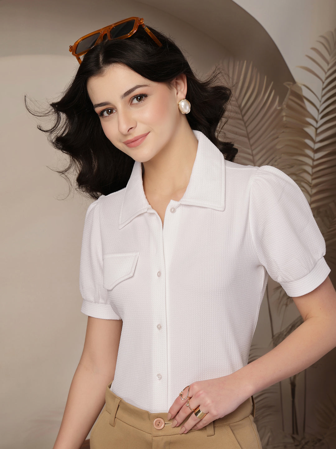 Style Quotient Women Texture White Formal Shirt Style Top-Tops-StyleQuotient