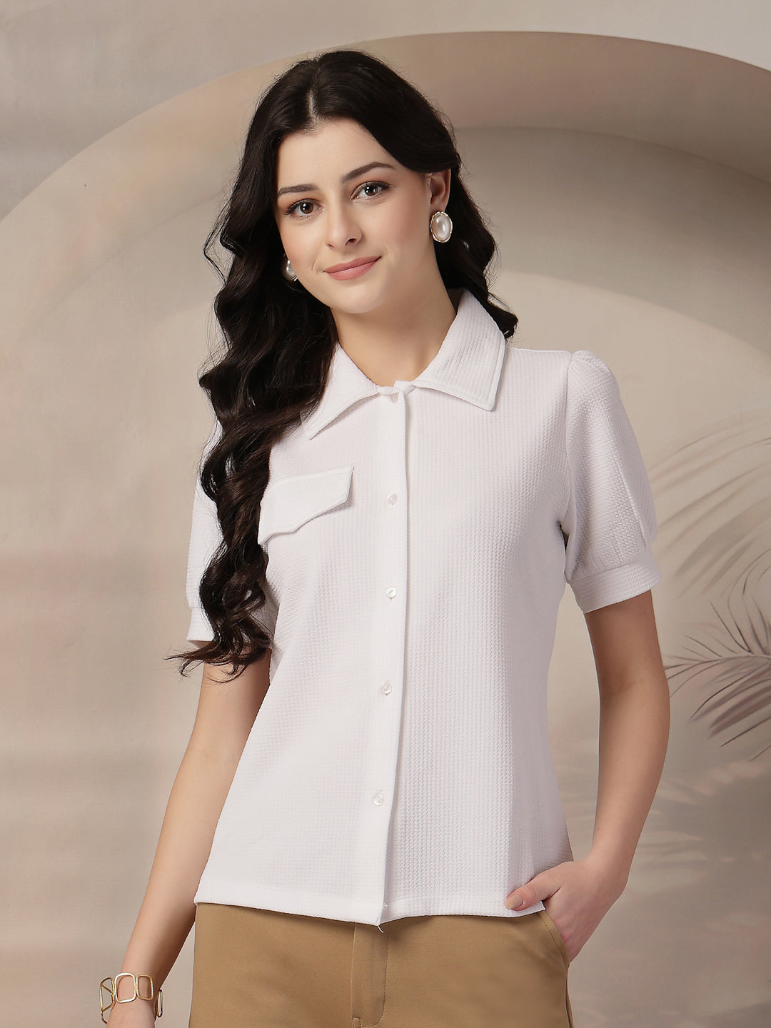 Style Quotient Women Texture White Formal Shirt Style Top-Tops-StyleQuotient